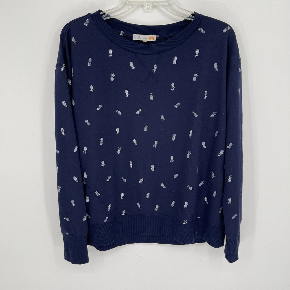C&C California Women's Navy Pineapple Print Stretch Fleece Sweatshirt Size L